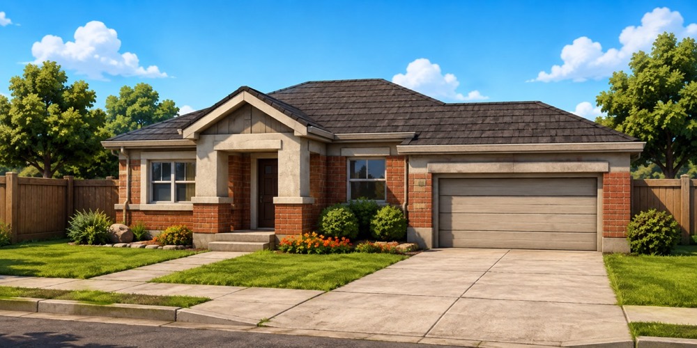 Illustration: A small suburban house with a garage and a yard, seen from the front in bright daylight