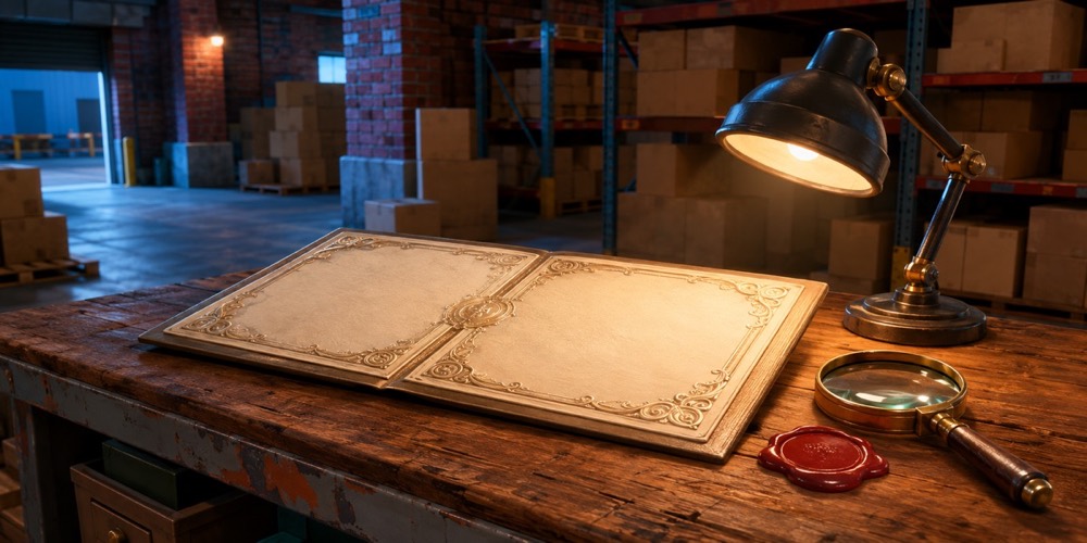 Illustration: An appraisal counter in a warehouse: an ornate certificate document under a desk lamp, a magnifying glass and a wax seal beside it