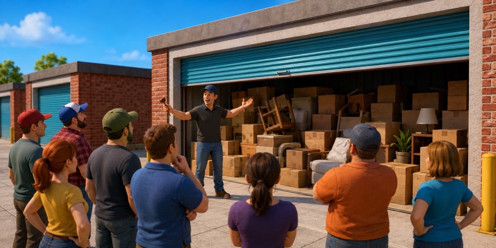 Illustration: A storage unit auction scene: a roll-up door half open on a unit packed with boxes, a small crowd of bidders